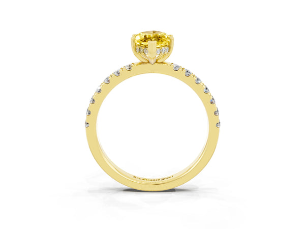 Yellow gold Marquise Cut Yellow Sapphire Pave Band Solitaire Ring with Round  and Prong Setting