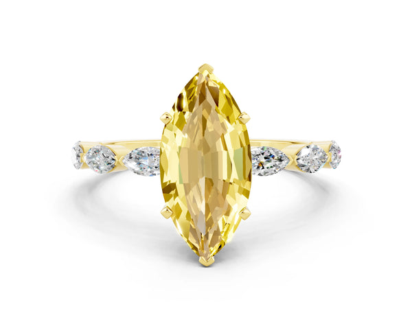 Yellow gold Marquise Cut Yellow Sapphire Ring with Marquise Side Stones and Prong Setting