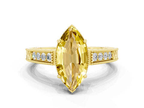 Yellow gold Marquise Cut Yellow Sapphire Ring with Milgrain Pavé Band and Four-Prong Setting_36