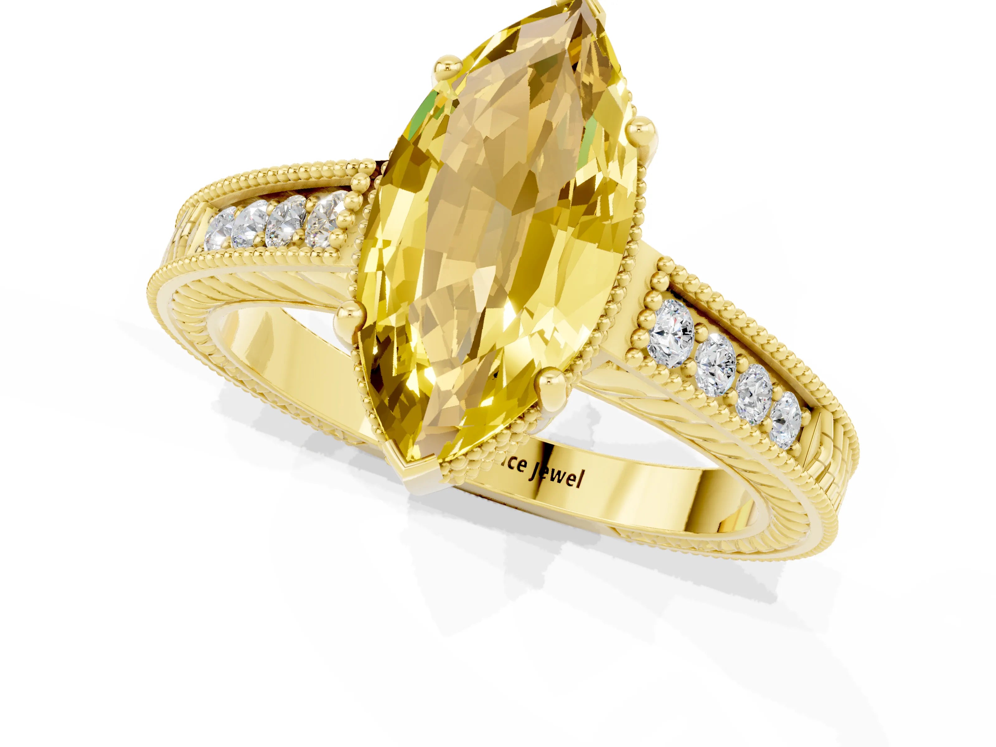 Yellow gold Marquise Cut Yellow Sapphire Ring with Milgrain Pavé Band and Four-Prong Setting_37