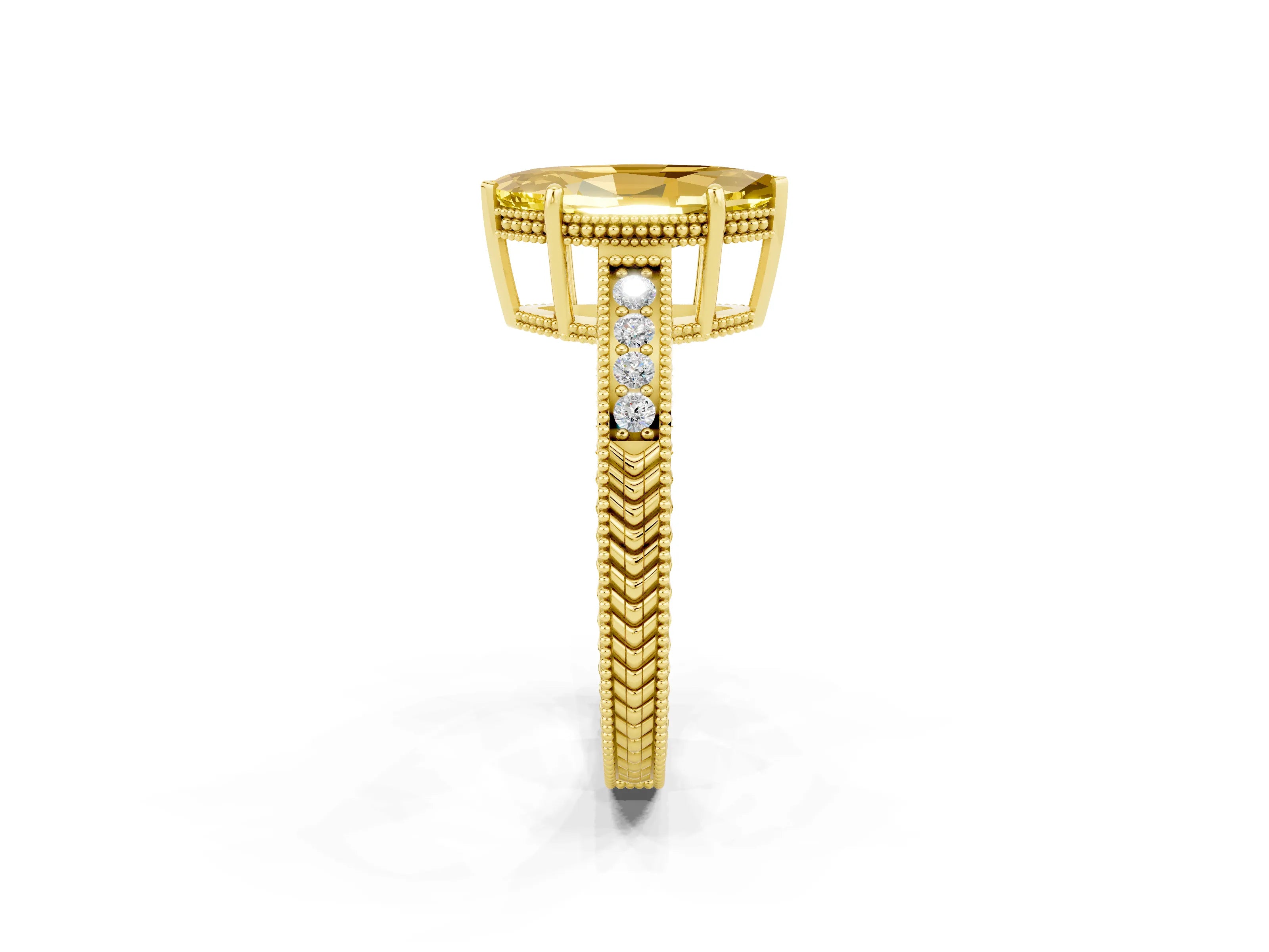 Yellow gold Marquise Cut Yellow Sapphire Ring with Milgrain Pavé Band and Four-Prong Setting_38