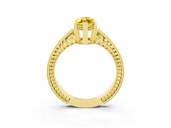 Yellow gold Marquise Cut Yellow Sapphire Ring with Milgrain Pavé Band and Four-Prong Setting