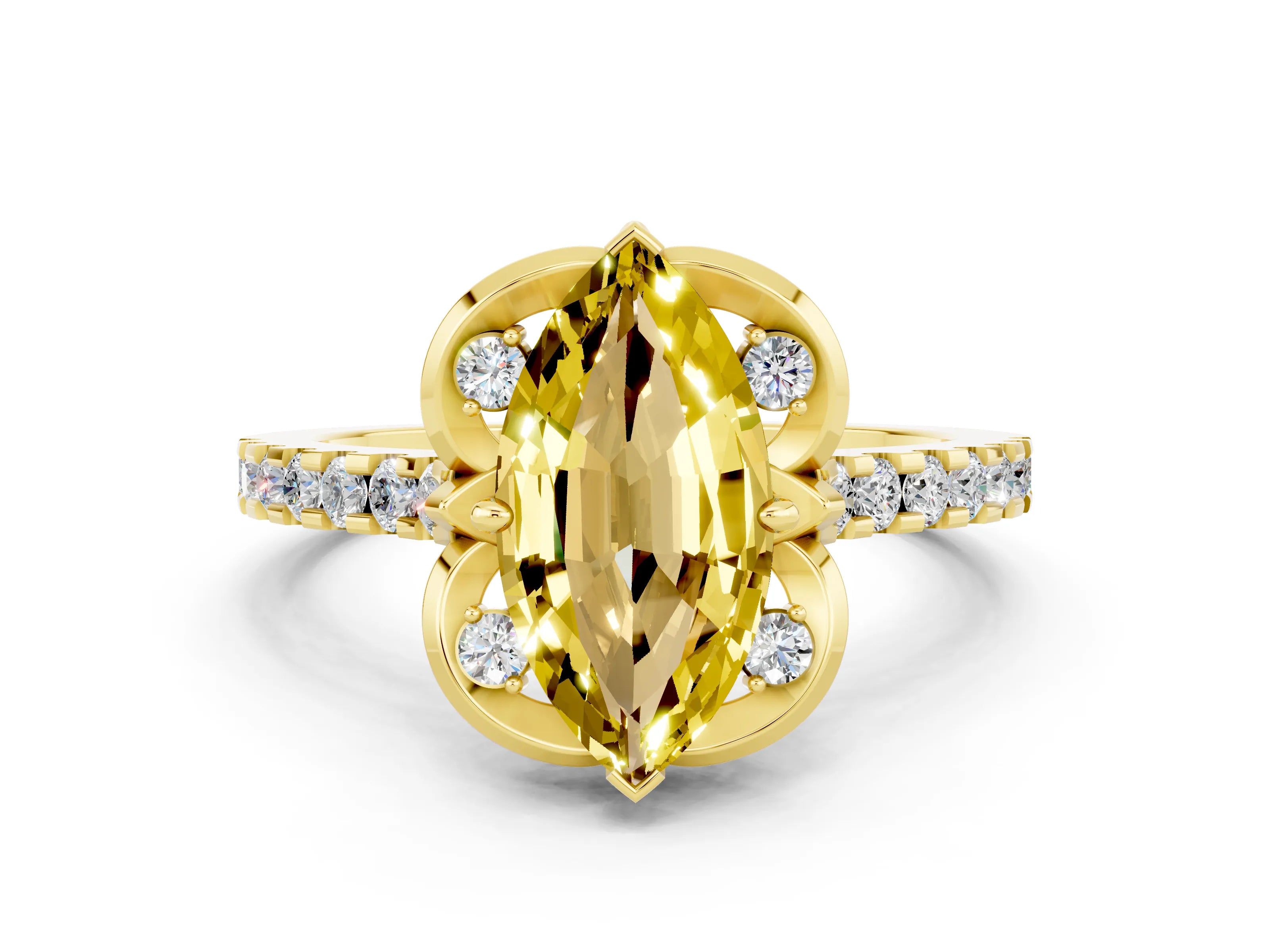 Yellow gold Marquise Cut Yellow Sapphire Ring with Pavé Band and Floral Prong Setting