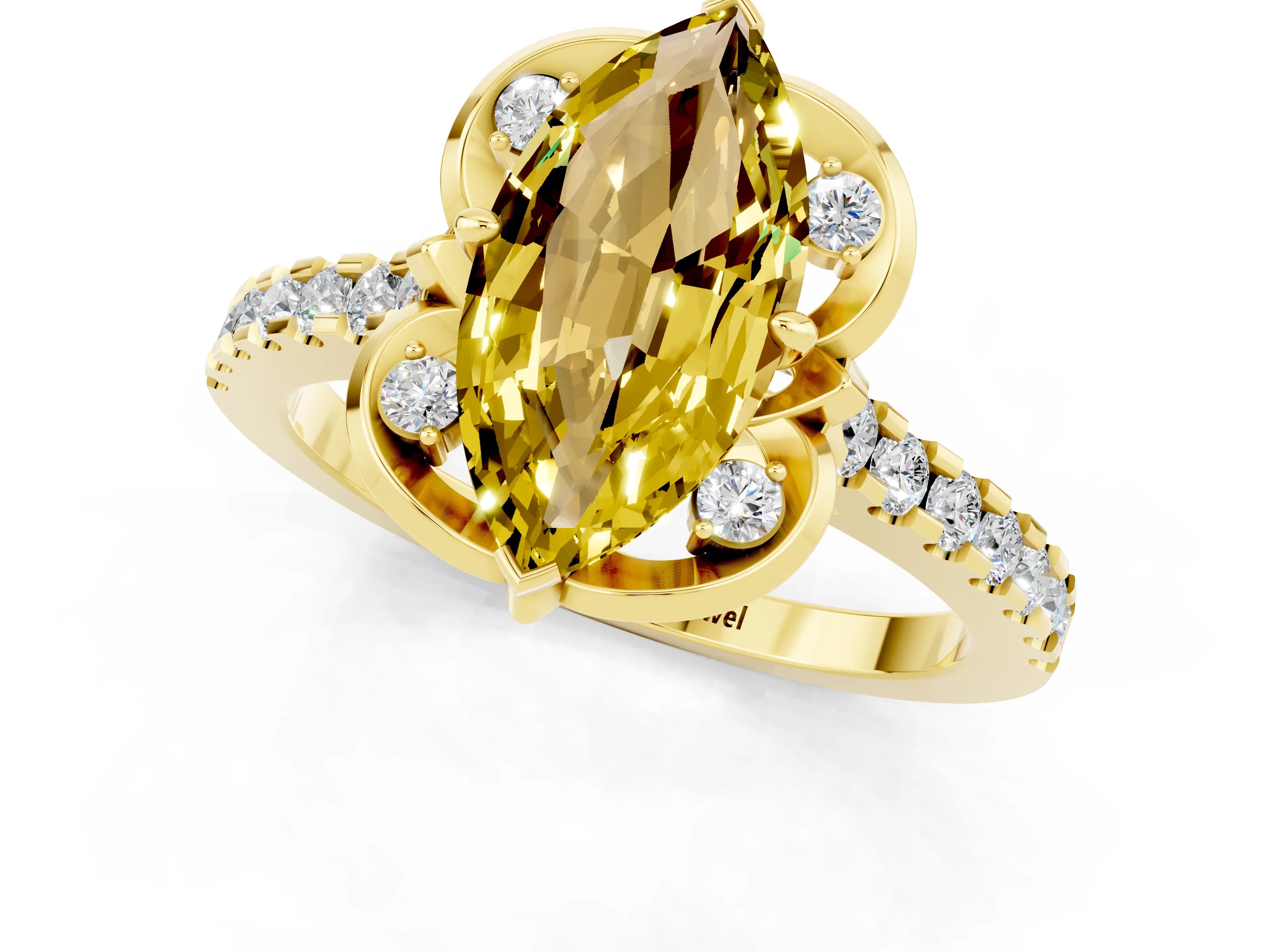 Yellow gold Marquise Cut Yellow Sapphire Ring with Pavé Band and Floral Prong Setting_1