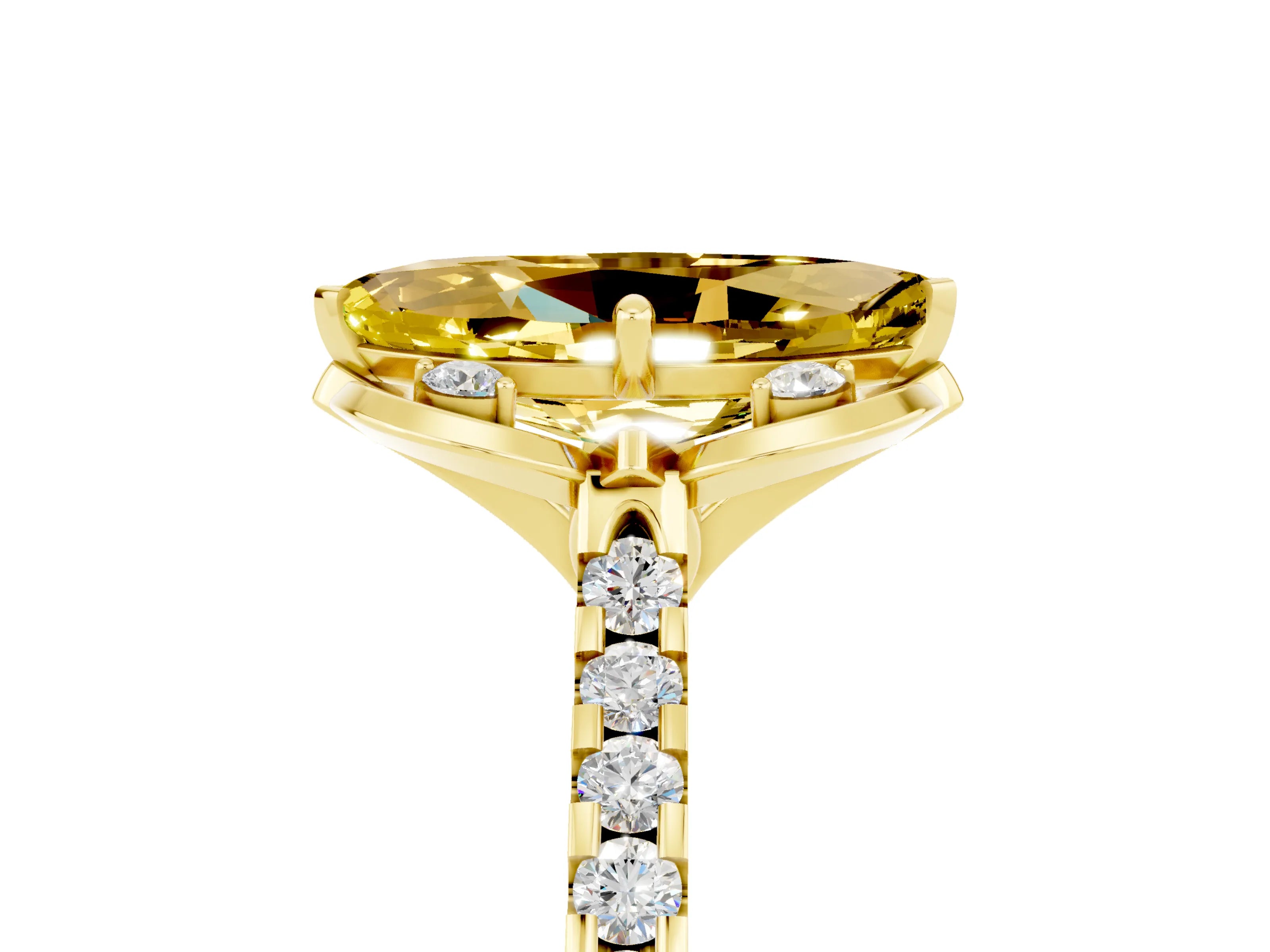 Yellow gold Marquise Cut Yellow Sapphire Ring with Pavé Band and Floral Prong Setting_5