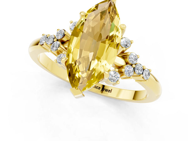 Yellow gold Marquise Cut Yellow Sapphire Ring with Side Stones and Four-Prong Setting