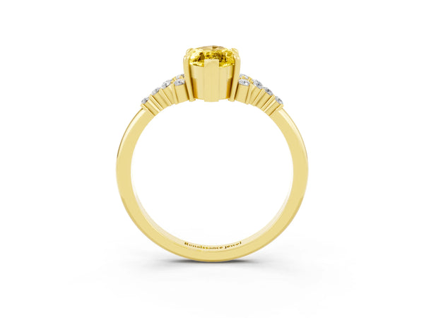 Yellow gold Marquise Cut Yellow Sapphire Ring with Side Stones and Four-Prong Setting