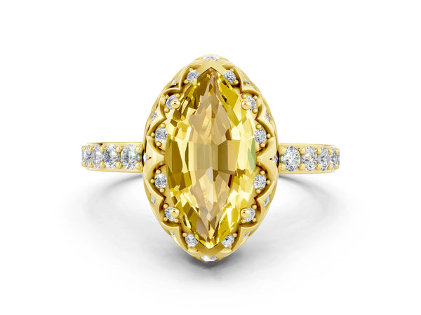 Yellow gold Marquise Cut Yellow Sapphire Scalloped Halo Engagement Ring with Round Shared Prong Band