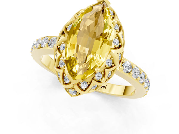 Yellow gold Marquise Cut Yellow Sapphire Scalloped Halo Engagement Ring with Round Shared Prong Band