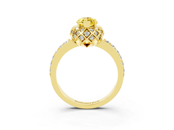 Yellow gold Marquise Cut Yellow Sapphire Scalloped Halo Engagement Ring with Round Shared Prong Band