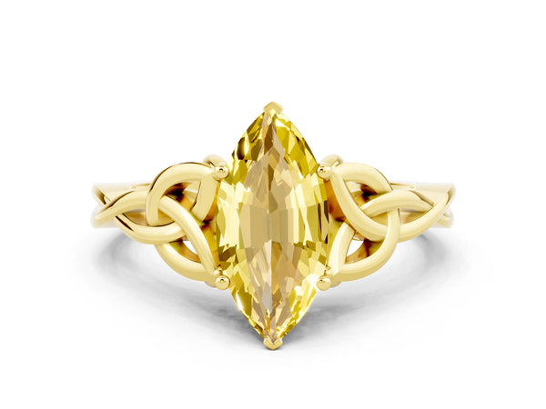 Yellow gold Marquise Cut Yellow Sapphire Solitaire Celtic Knot Ring with Four-Prong Setting
