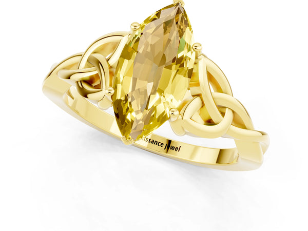 Yellow gold Marquise Cut Yellow Sapphire Solitaire Celtic Knot Ring with Four-Prong Setting