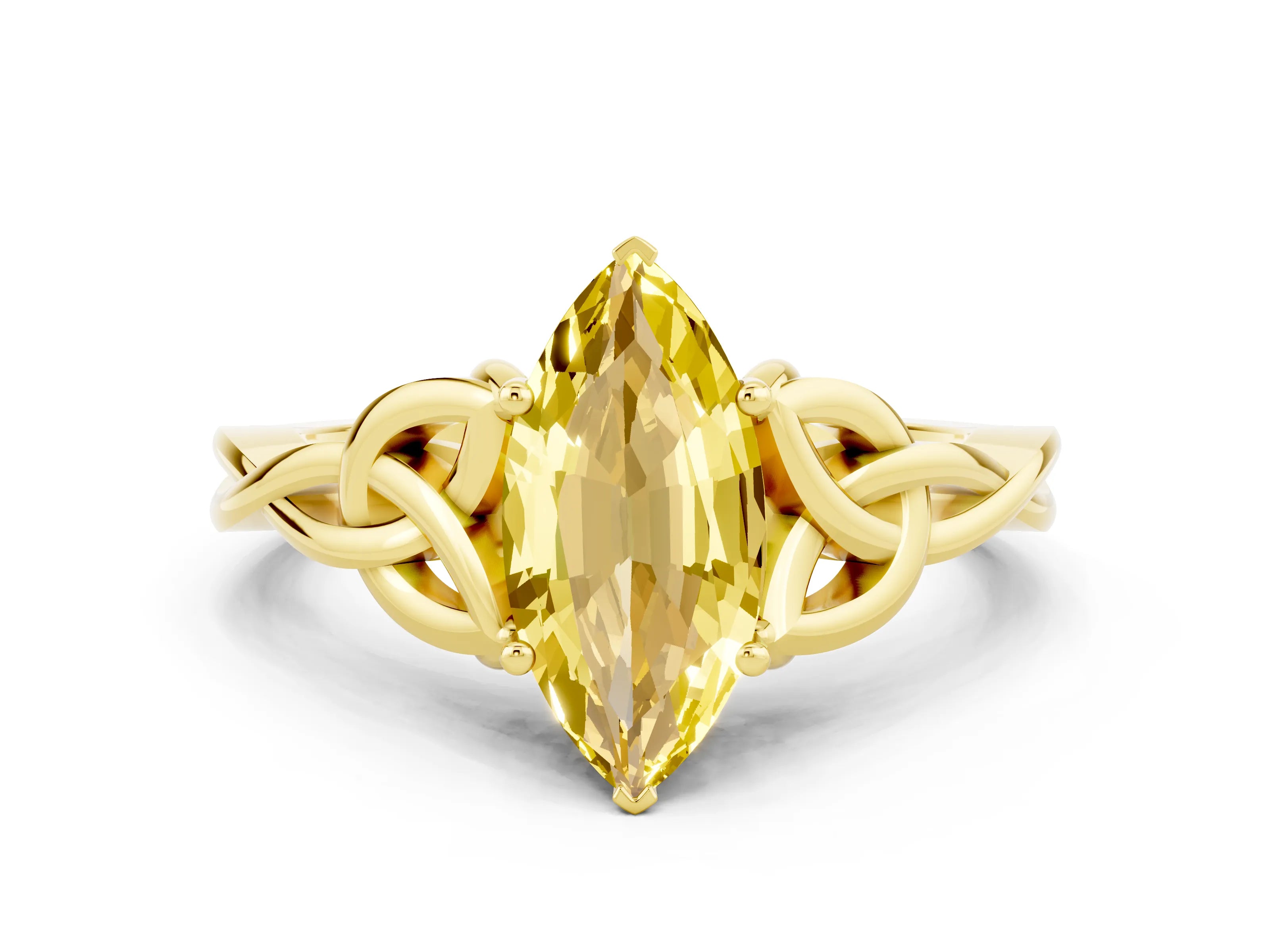 Yellow gold Marquise Cut Yellow Sapphire Solitaire Engagement Ring with Celtic Knot Band and Four-Prong Setting_24