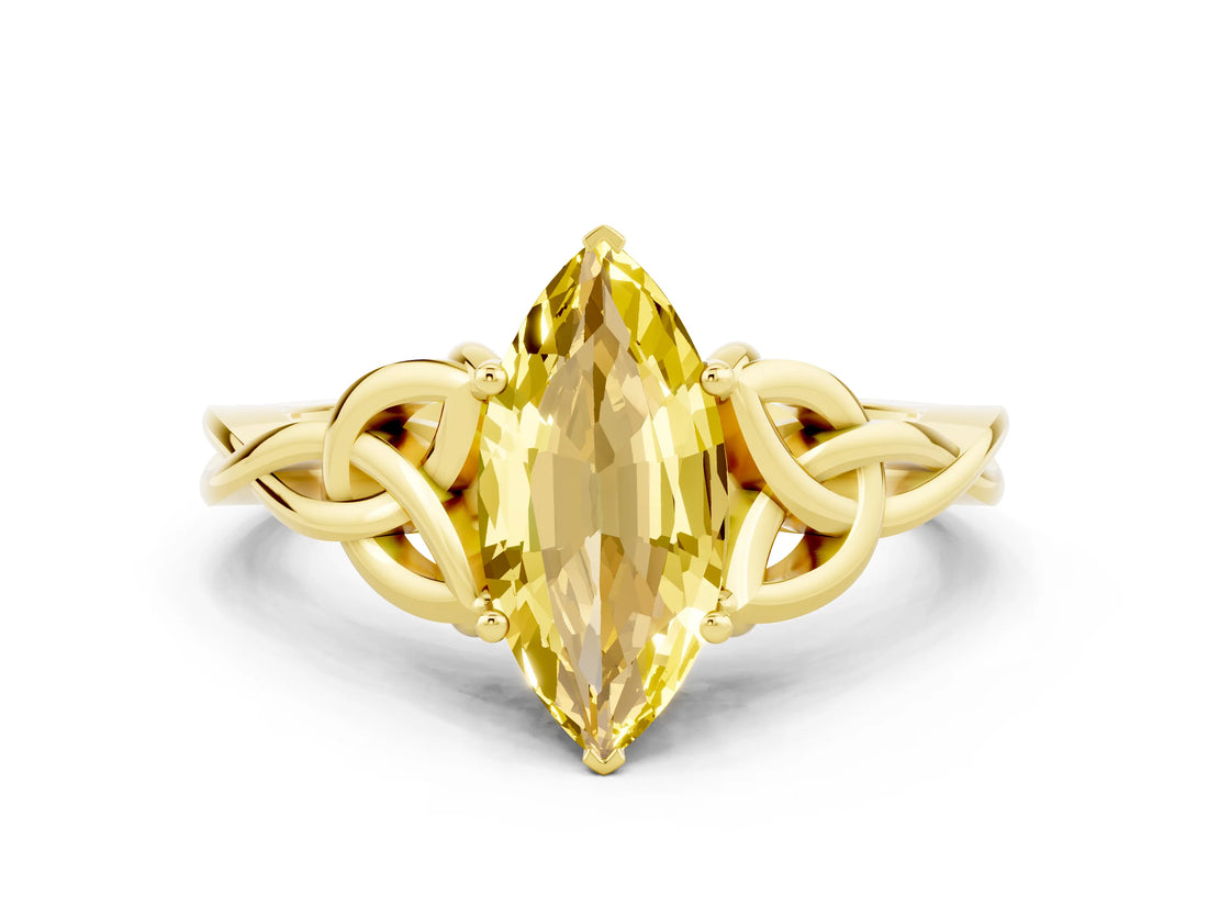 Yellow gold Marquise Cut Yellow Sapphire Solitaire Engagement Ring with Celtic Knot Band and Four-Prong Setting_24