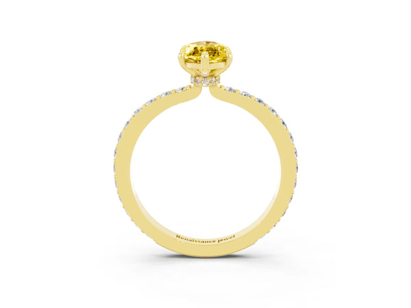 Yellow gold Marquise Cut Yellow Sapphire Solitaire Engagement Ring with Pavé Band and Four-Prong Setting