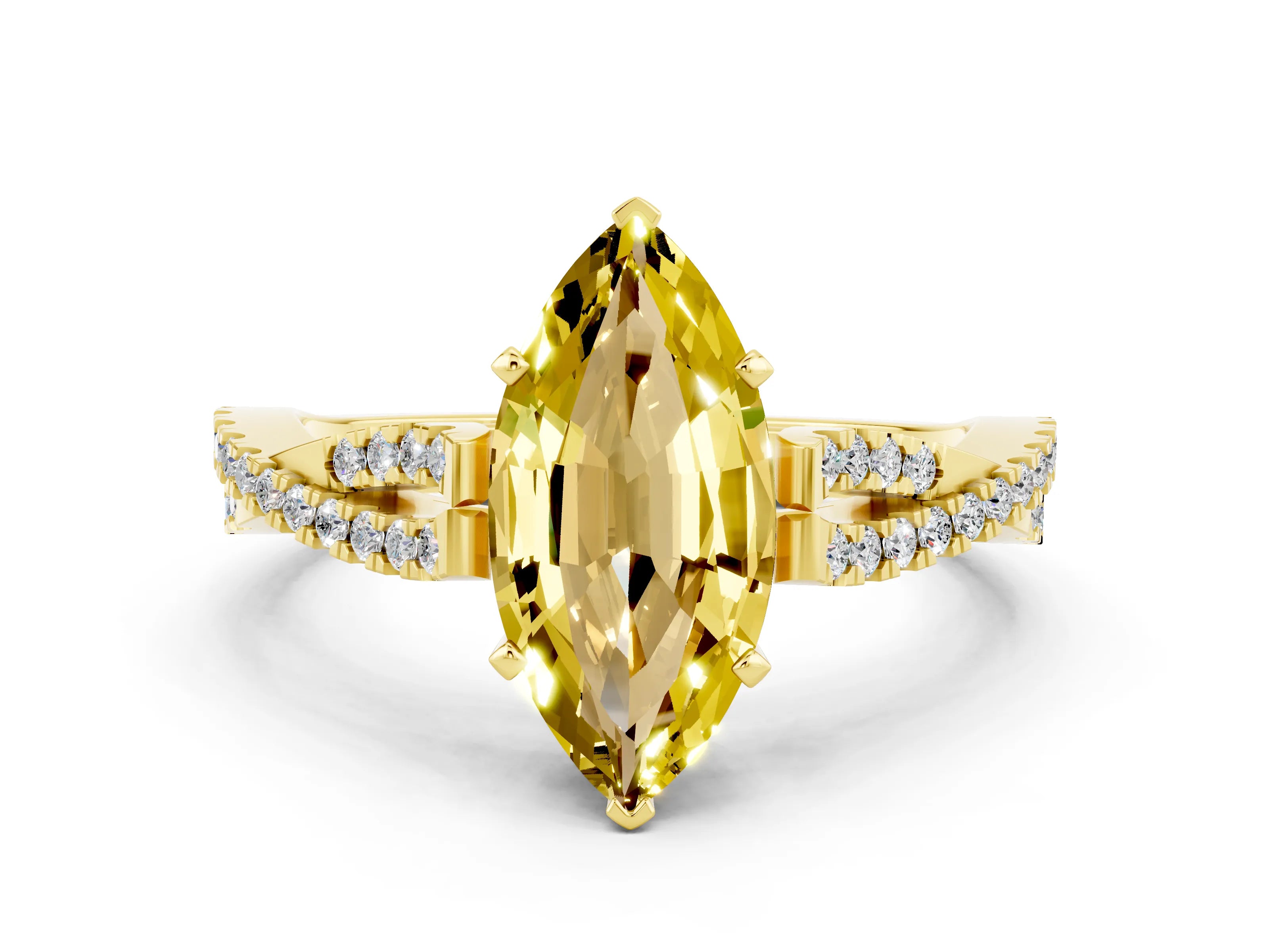 Yellow gold Marquise Cut Yellow Sapphire Solitaire Engagement Ring with Twisted Pavé Band and Four-Prong Setting_12