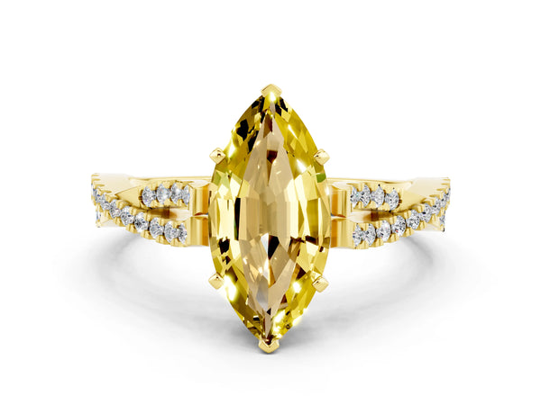 Yellow gold Marquise Cut Yellow Sapphire Solitaire Engagement Ring with Twisted Pavé Band and Four-Prong Setting