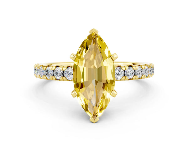 Yellow gold Marquise Cut Yellow Sapphire Solitaire Pavé Engagement Ring with Round Band and Prong Setting