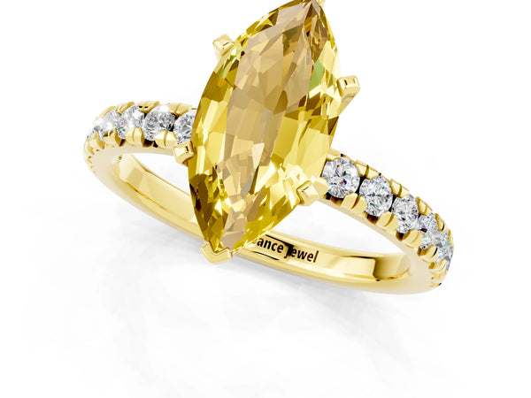 Yellow gold Marquise Cut Yellow Sapphire Solitaire Pavé Engagement Ring with Round Band and Prong Setting