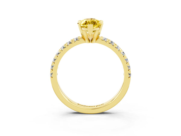 Yellow gold Marquise Cut Yellow Sapphire Solitaire Pavé Engagement Ring with Round Band and Prong Setting