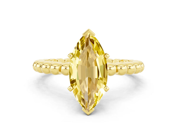 Yellow gold Marquise Cut Yellow Sapphire Solitaire Ring with Beaded Band and Prong Setting