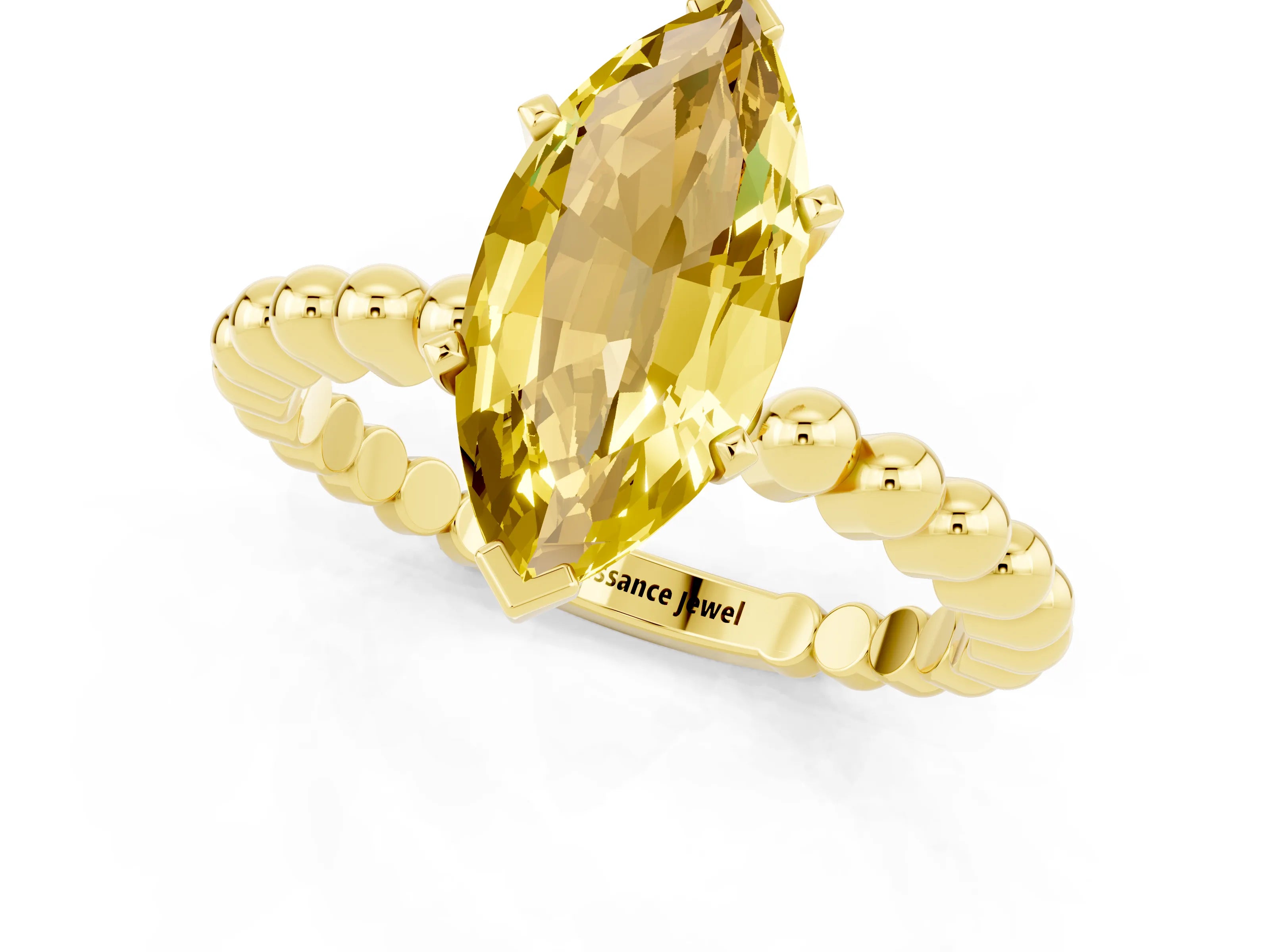 Yellow gold Marquise Cut Yellow Sapphire Solitaire Ring with Beaded Band and Prong Setting_1