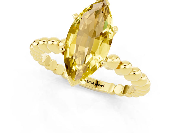 Yellow gold Marquise Cut Yellow Sapphire Solitaire Ring with Beaded Band and Prong Setting