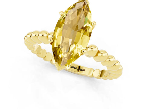 Yellow gold Marquise Cut Yellow Sapphire Solitaire Ring with Beaded Band and Prong Setting_1