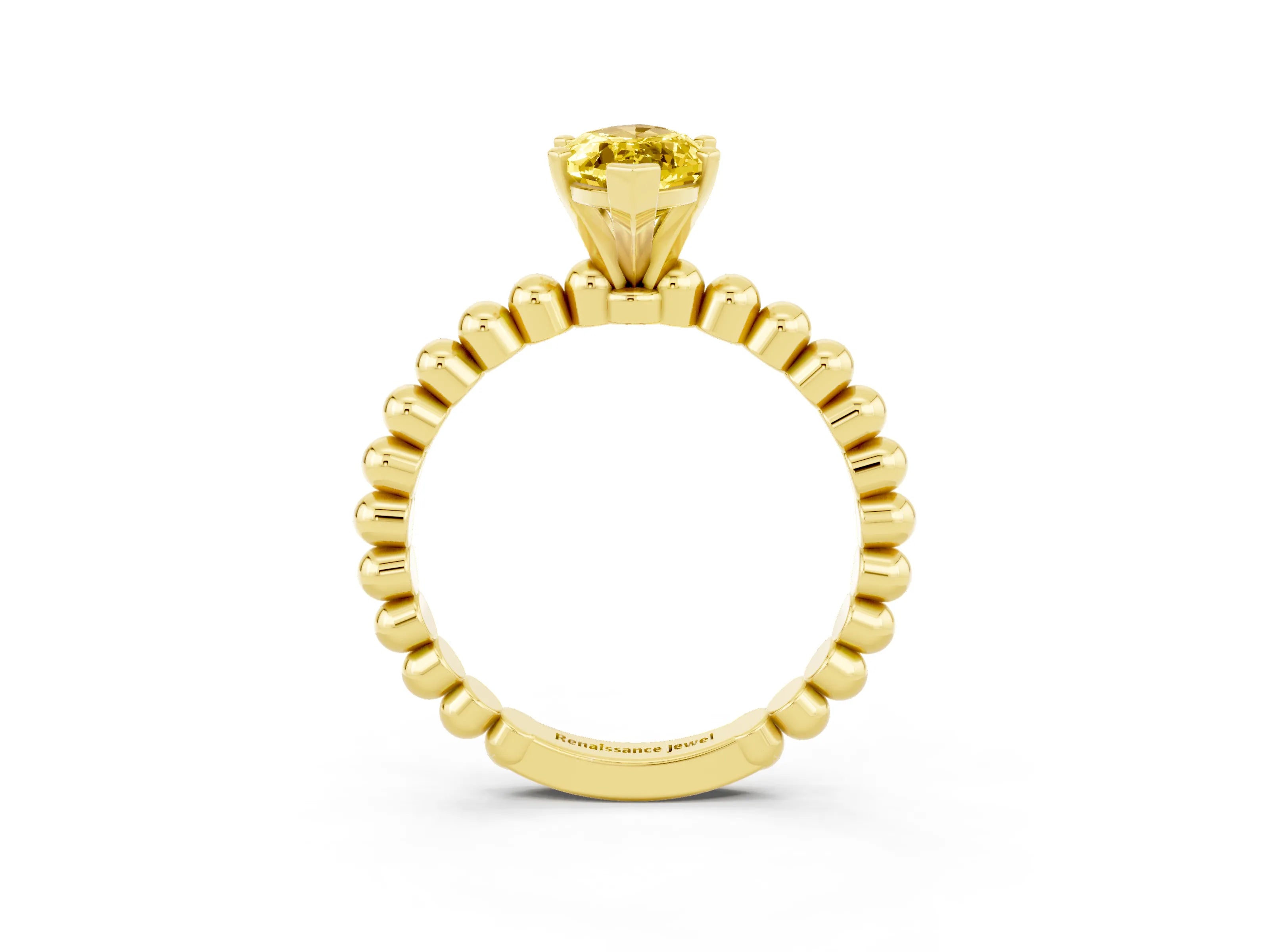 Yellow gold Marquise Cut Yellow Sapphire Solitaire Ring with Beaded Band and Prong Setting_3