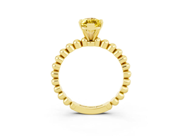 Yellow gold Marquise Cut Yellow Sapphire Solitaire Ring with Beaded Band and Prong Setting