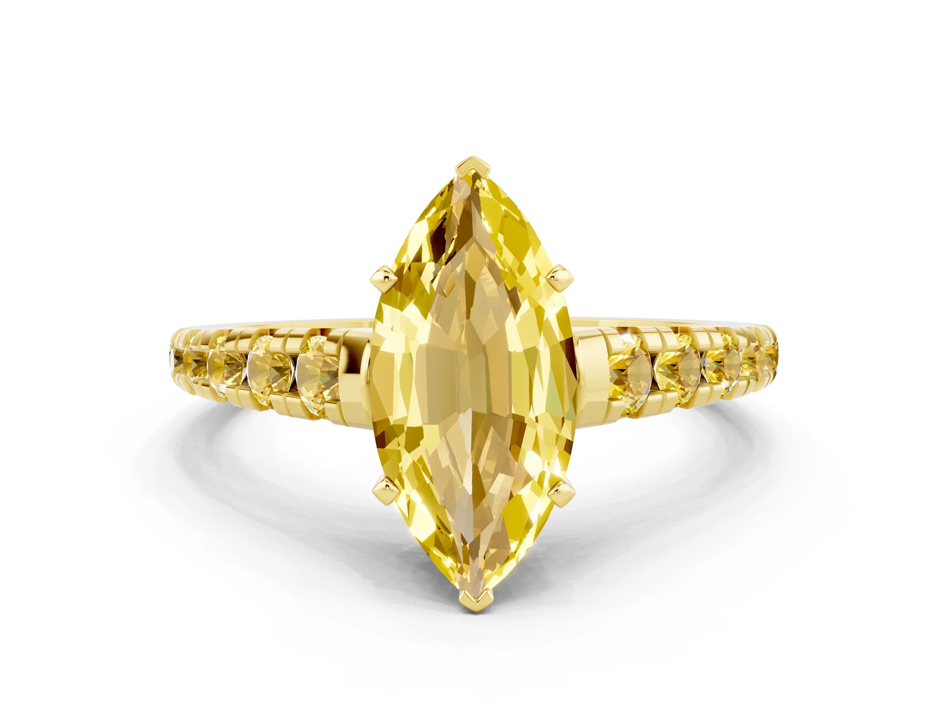 Yellow gold Marquise Cut Yellow Sapphire Solitaire Ring with Cathedral Setting and Pavé Band