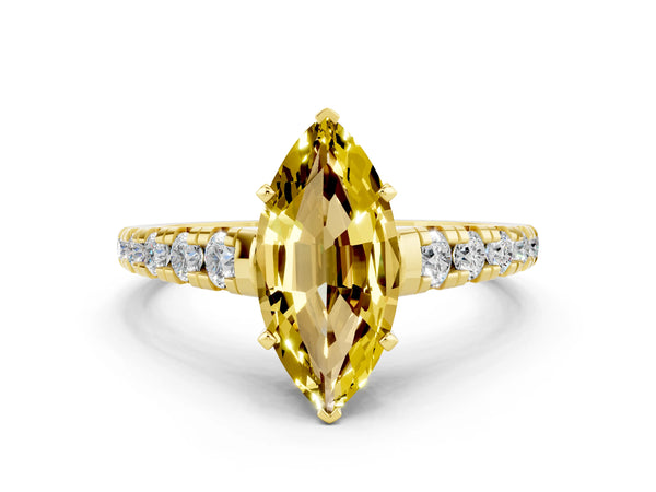 Yellow gold Marquise Cut Yellow Sapphire Cathedral Solitaire Ring with Round  Pavé Band