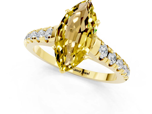 Yellow gold Marquise Cut Yellow Sapphire Cathedral Solitaire Ring with Round  Pavé Band