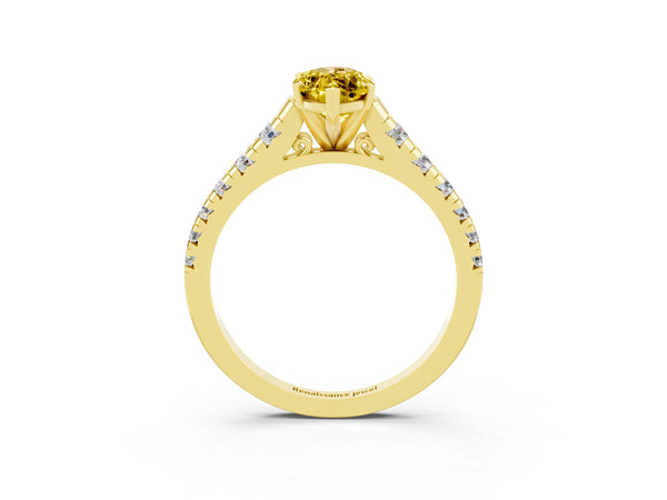 Yellow gold Marquise Cut Yellow Sapphire Cathedral Solitaire Ring with Round  Pavé Band