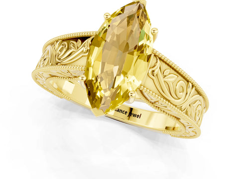 Yellow gold Marquise Cut Yellow Sapphire Solitaire Ring with Engraved Band and Four-Prong Setting_1