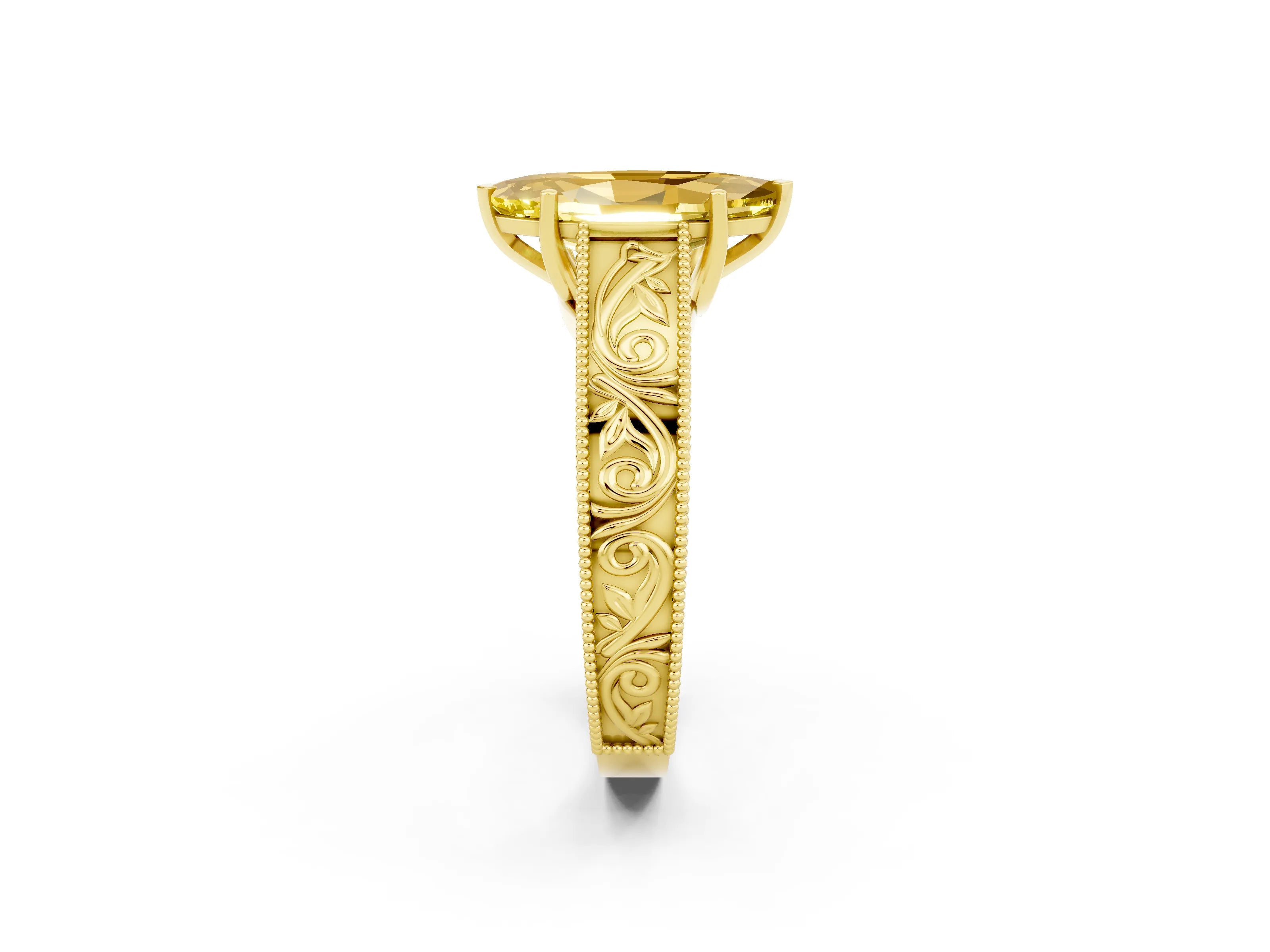 Yellow gold Marquise Cut Yellow Sapphire Solitaire Ring with Engraved Band and Four-Prong Setting_2
