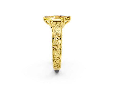 Yellow gold Marquise Cut Yellow Sapphire Solitaire Ring with Engraved Band and Four-Prong Setting_2