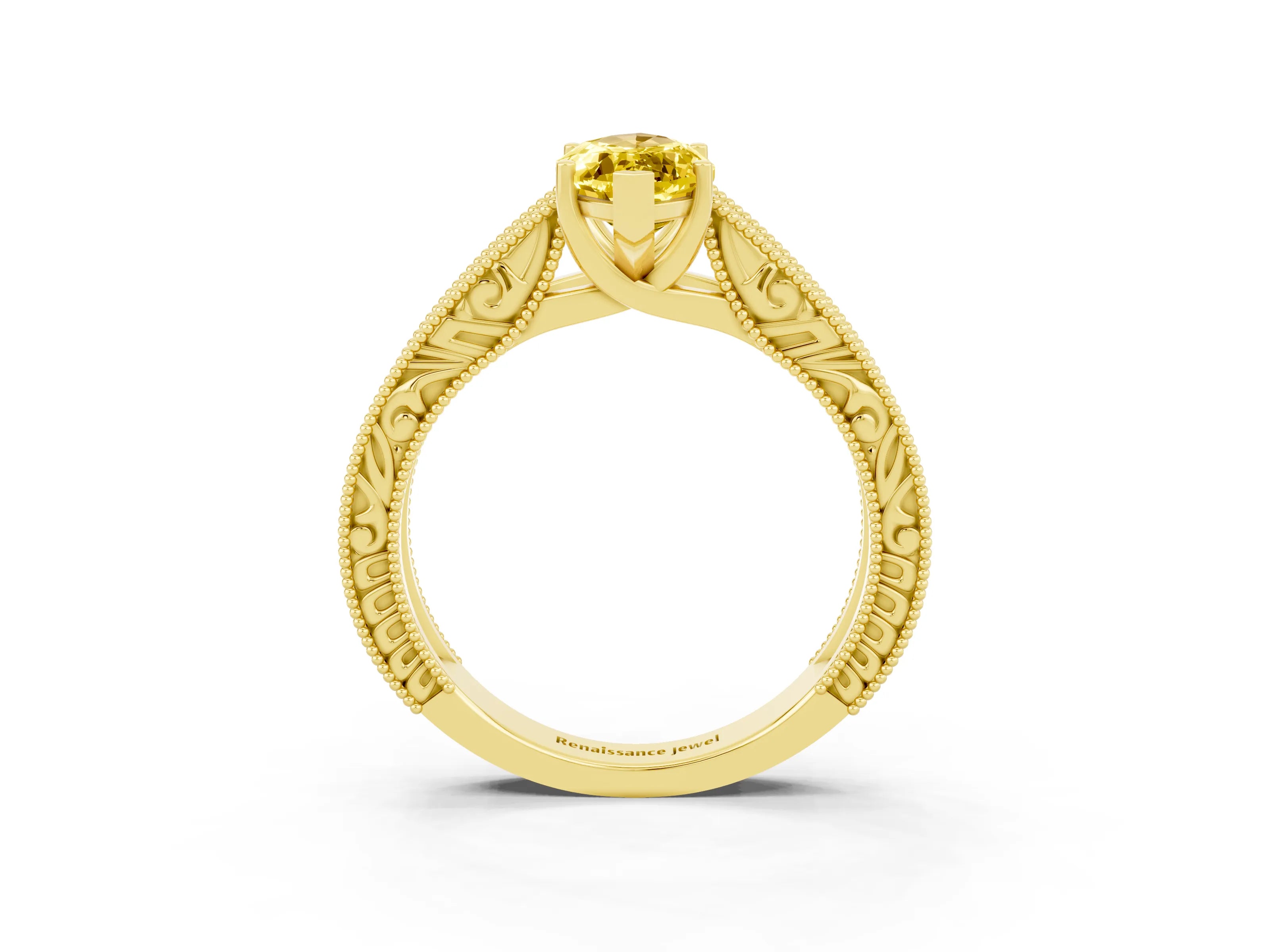 Yellow gold Marquise Cut Yellow Sapphire Solitaire Ring with Engraved Band and Four-Prong Setting_3