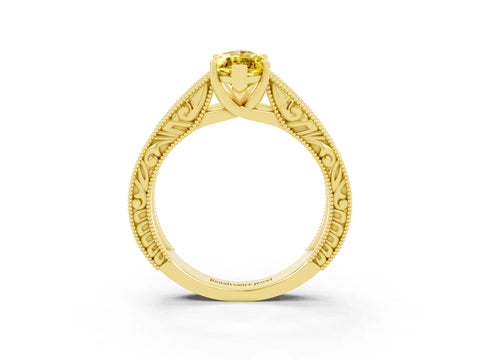 Yellow gold Marquise Cut Yellow Sapphire Solitaire Ring with Engraved Band and Four-Prong Setting_3