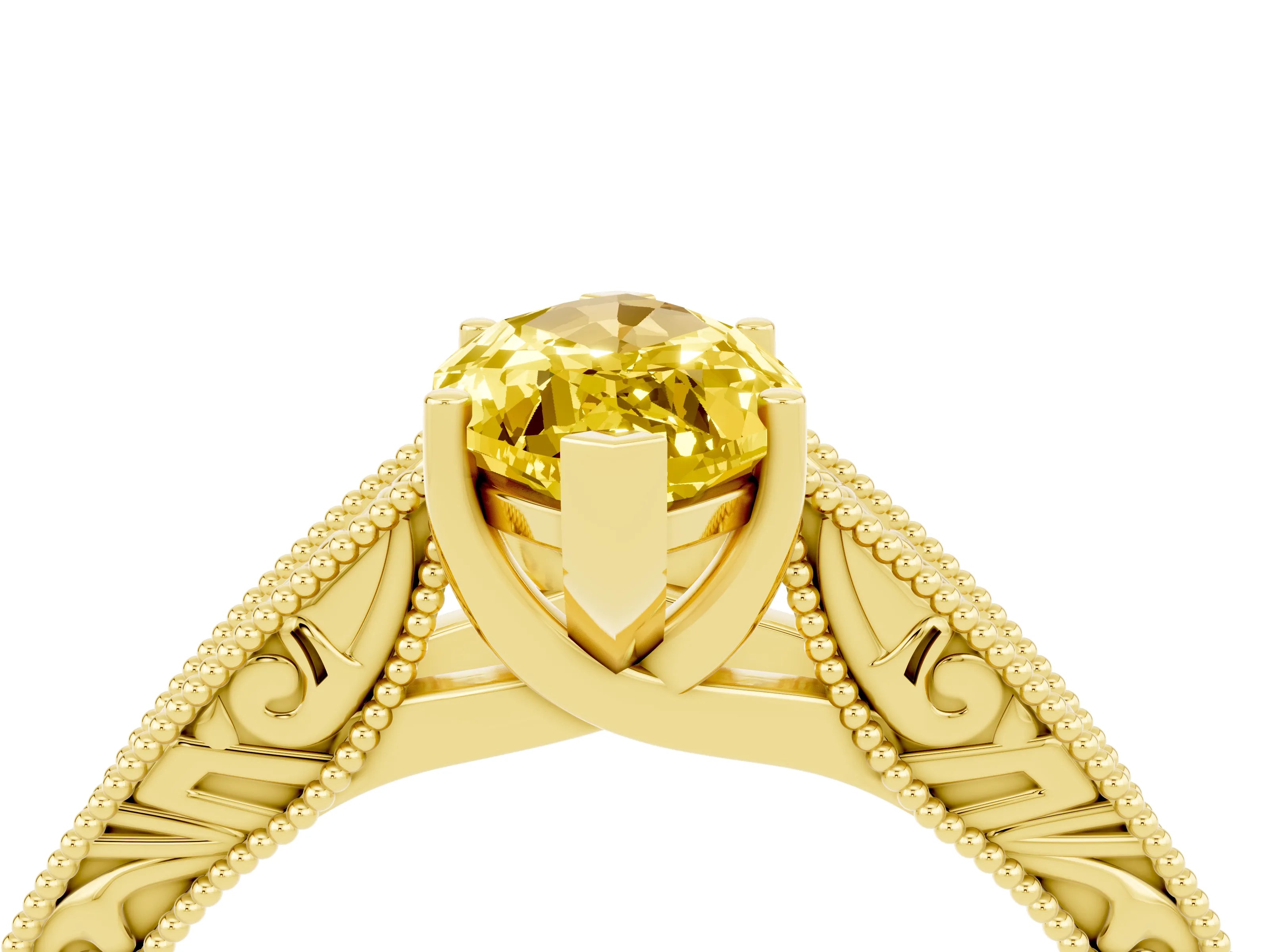 Yellow gold Marquise Cut Yellow Sapphire Solitaire Ring with Engraved Band and Four-Prong Setting_4