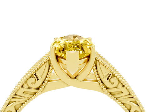 Yellow gold Marquise Cut Yellow Sapphire Solitaire Ring with Engraved Band and Four-Prong Setting_4