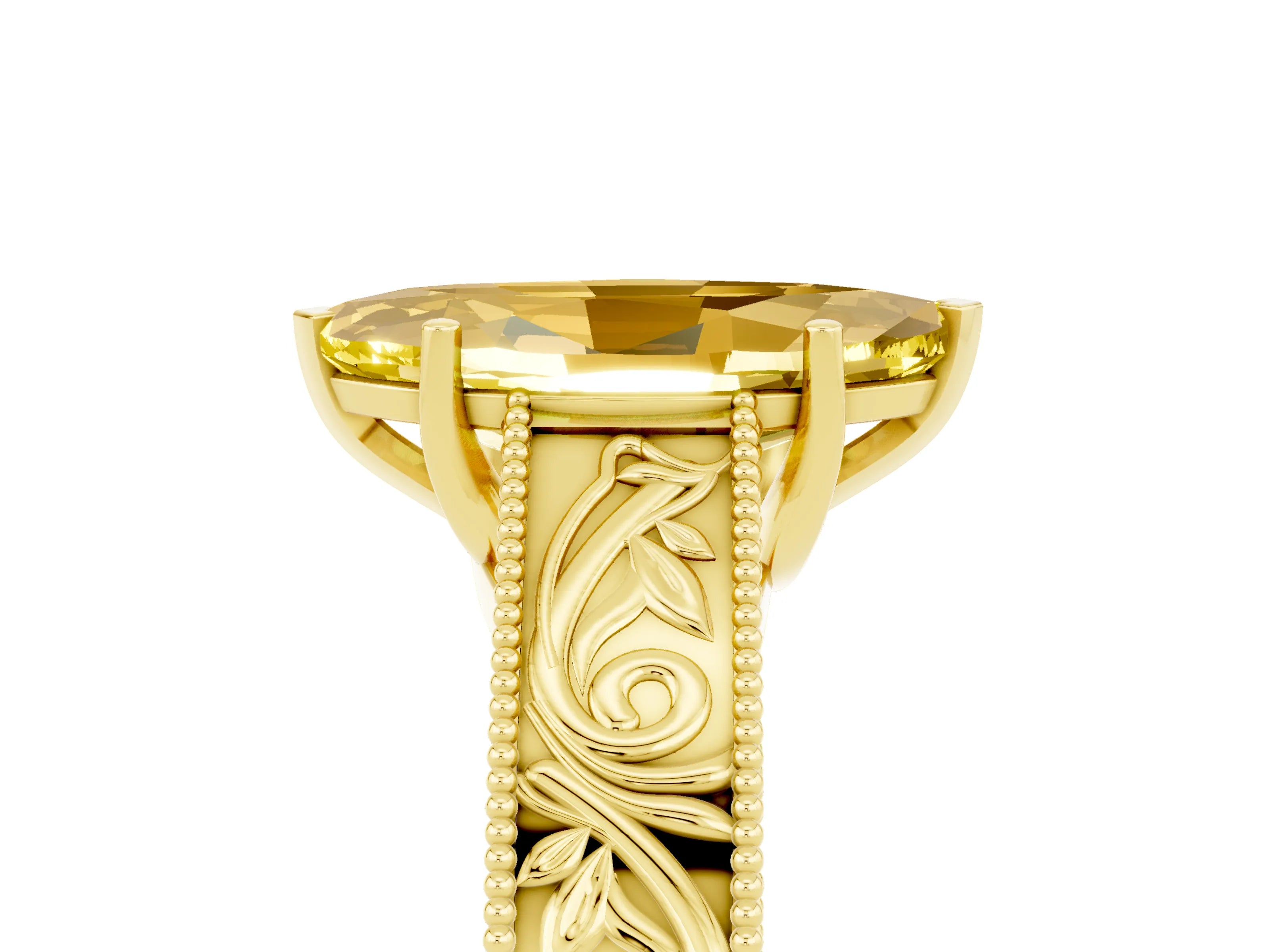 Yellow gold Marquise Cut Yellow Sapphire Solitaire Ring with Engraved Band and Four-Prong Setting_5