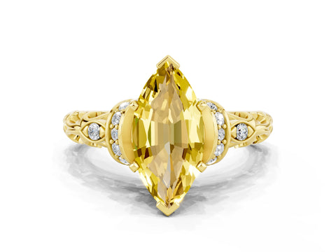 Yellow gold Marquise Cut Yellow Sapphire Solitaire Ring with Filigree Band and Four-Prong Setting_70
