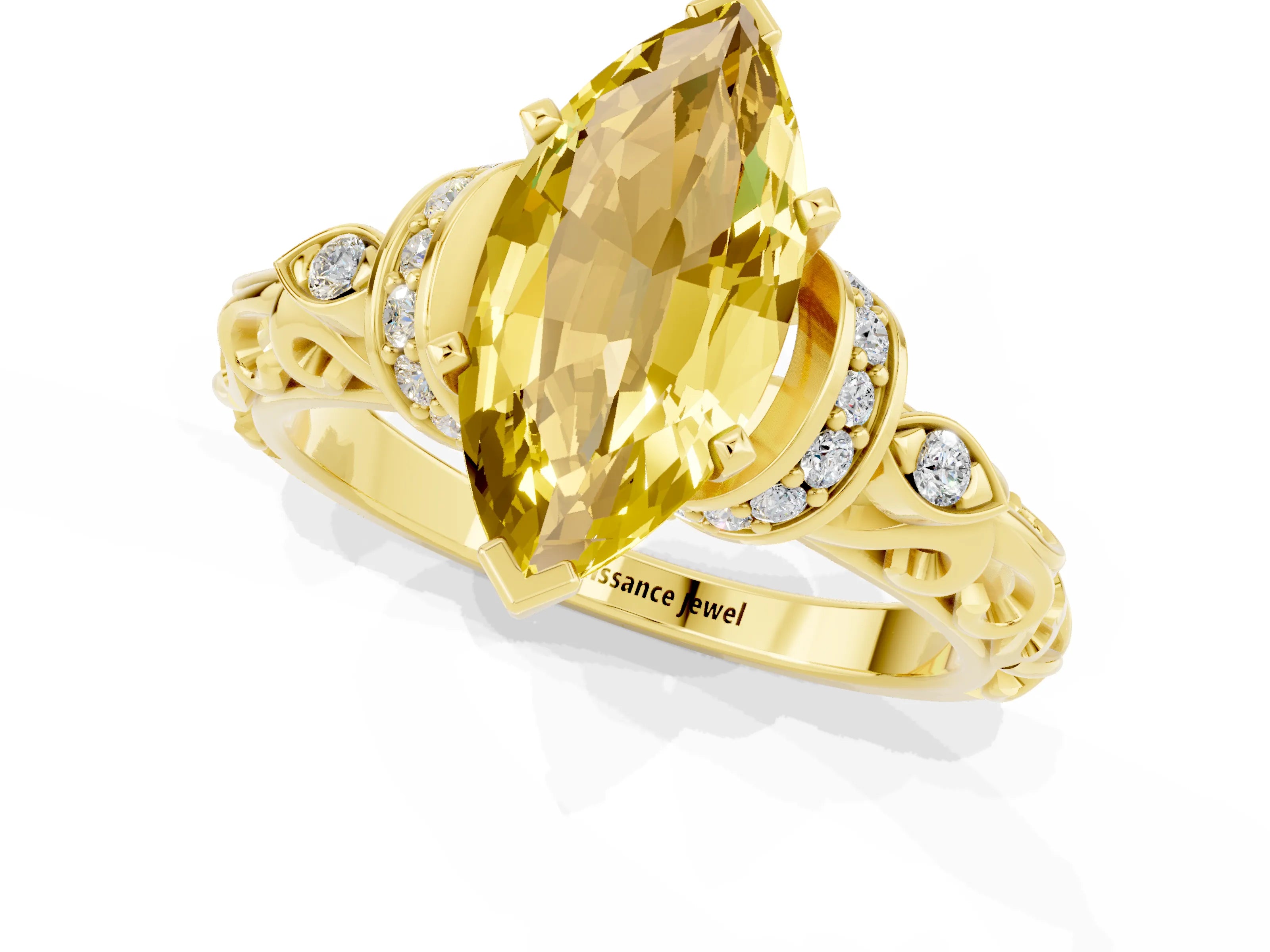 Yellow gold Marquise Cut Yellow Sapphire Solitaire Ring with Filigree Band and Four-Prong Setting_71