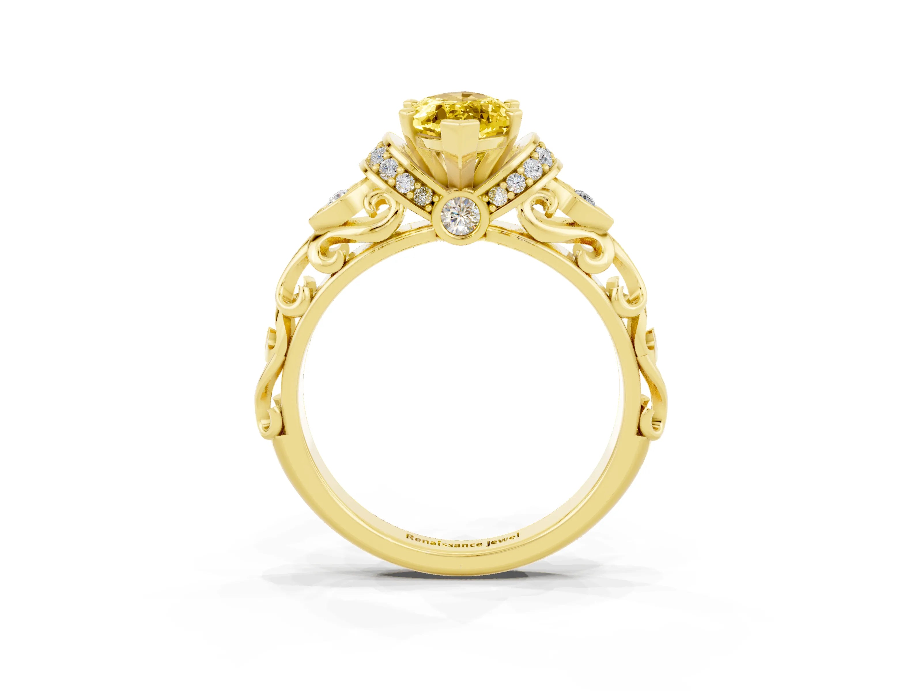 Yellow gold Marquise Cut Yellow Sapphire Solitaire Ring with Filigree Band and Four-Prong Setting_73