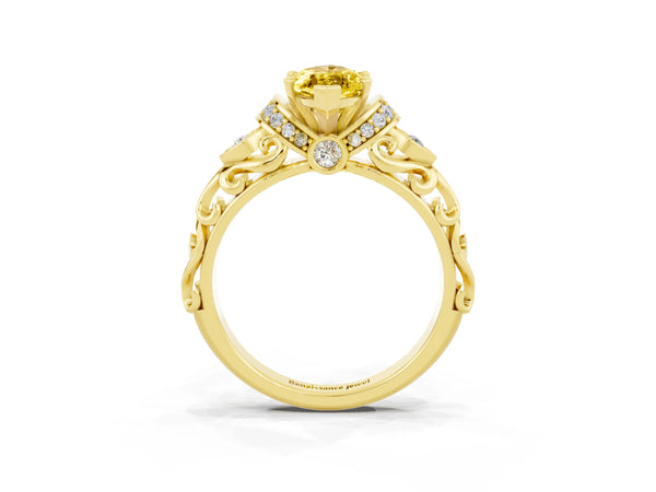 Yellow gold Marquise Cut Yellow Sapphire Solitaire Ring with Filigree Band and Four-Prong Setting