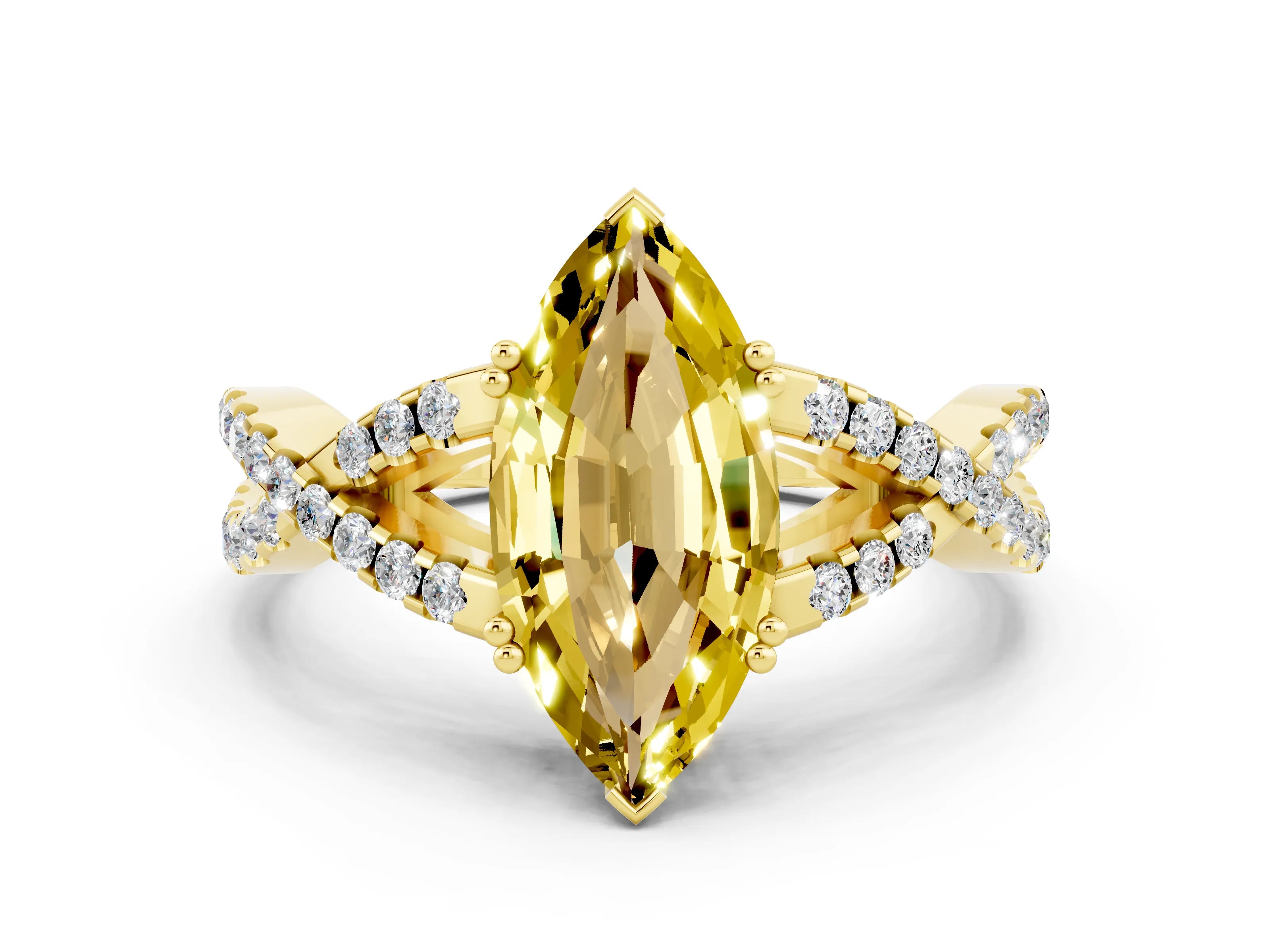 Yellow gold Marquise Cut Yellow Sapphire Solitaire Ring with Four-Prong Setting and Twisted Pavé Band_12