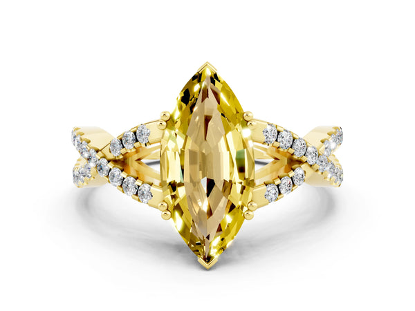 Yellow gold Marquise Cut Yellow Sapphire Solitaire Ring with Four-Prong Setting and Twisted Pavé Band