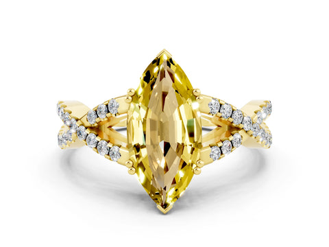 Yellow gold Marquise Cut Yellow Sapphire Solitaire Ring with Four-Prong Setting and Twisted Pavé Band_12