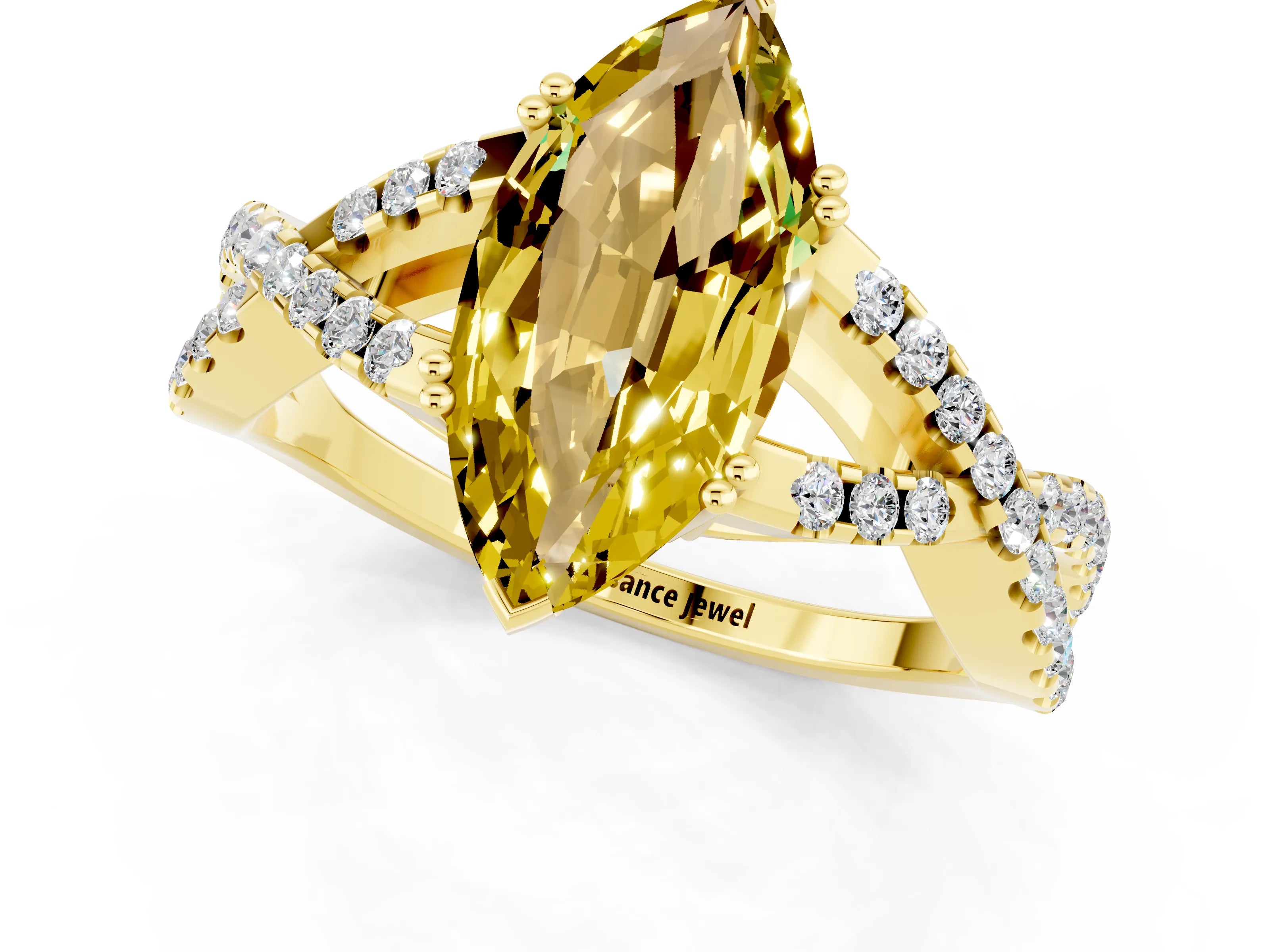 Yellow gold Marquise Cut Yellow Sapphire Solitaire Ring with Four-Prong Setting and Twisted Pavé Band_13